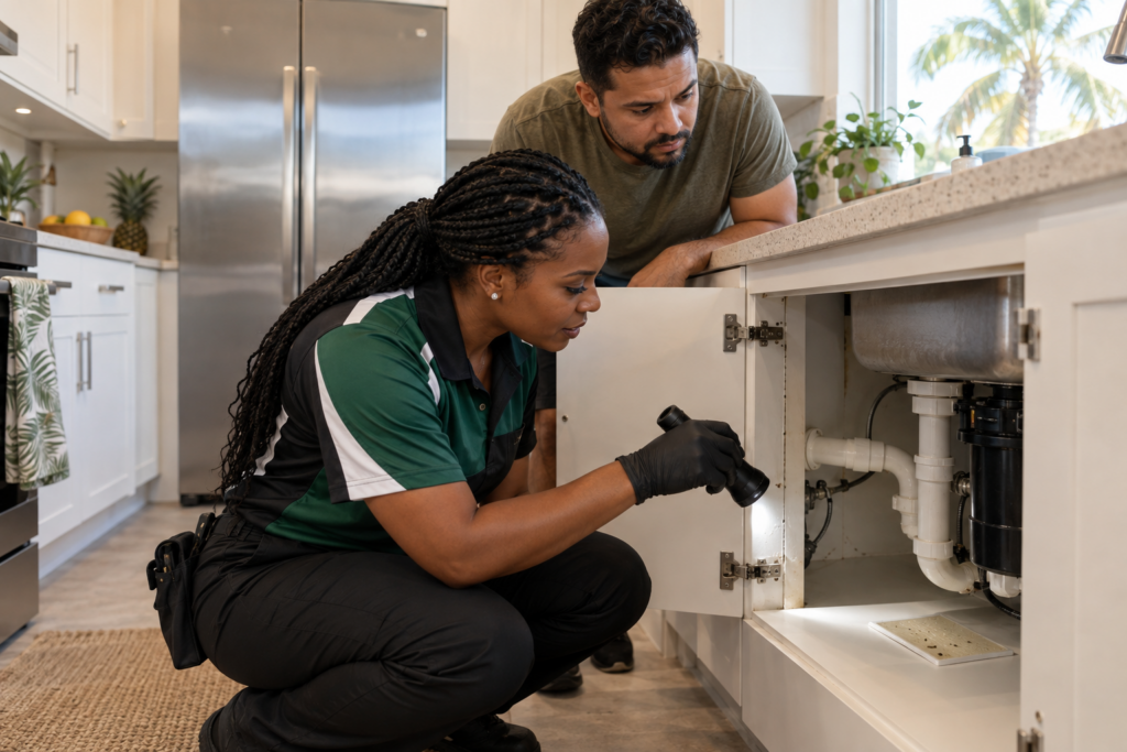 Black Caribbean pest-control technician inspecting beneath a South Florida kitchen sink for German cockroaches