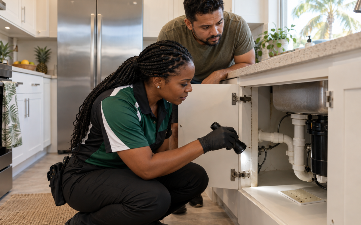 Black Caribbean pest-control technician inspecting beneath a South Florida kitchen sink for German cockroaches
