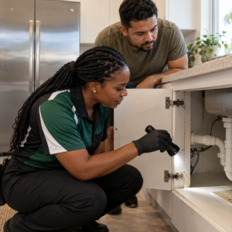 Black Caribbean pest-control technician inspecting beneath a South Florida kitchen sink for German cockroaches