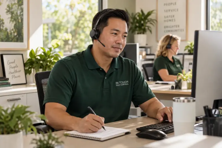 Customer-service representative wearing a headset and taking notes during a call