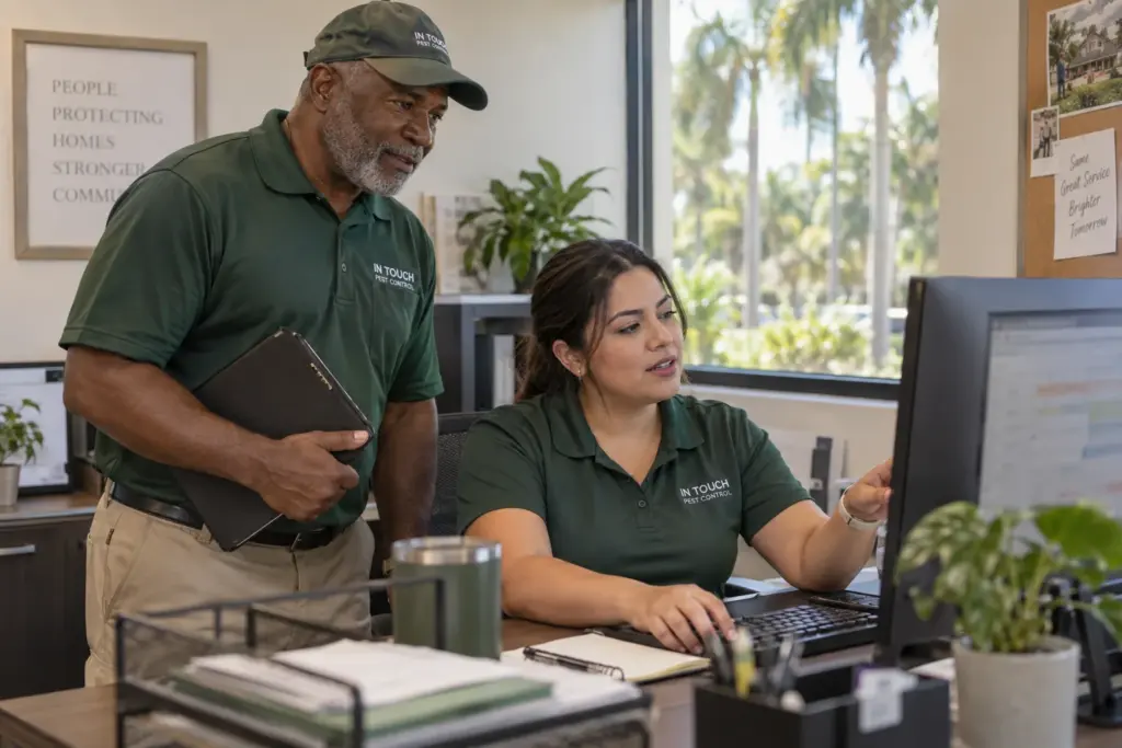 Office administrator and field colleague coordinating service appointments at a computer