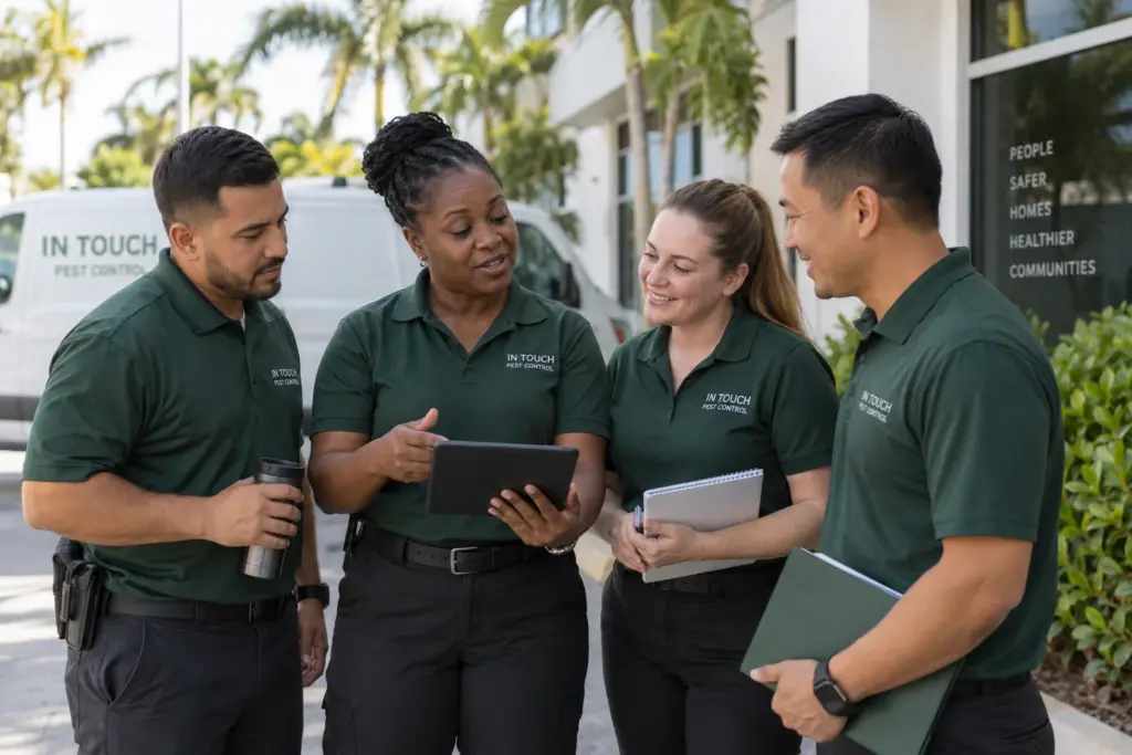Pest-control colleagues reviewing a work schedule outside a South Florida office