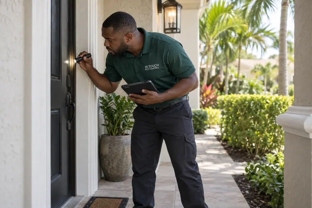Pest-control technician inspecting a home entrance with a flashlight and tablet