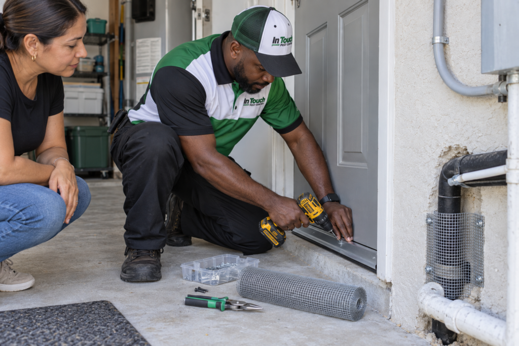 Black Caribbean rodent-exclusion technician installing a metal door sweep beside a screened utility gap