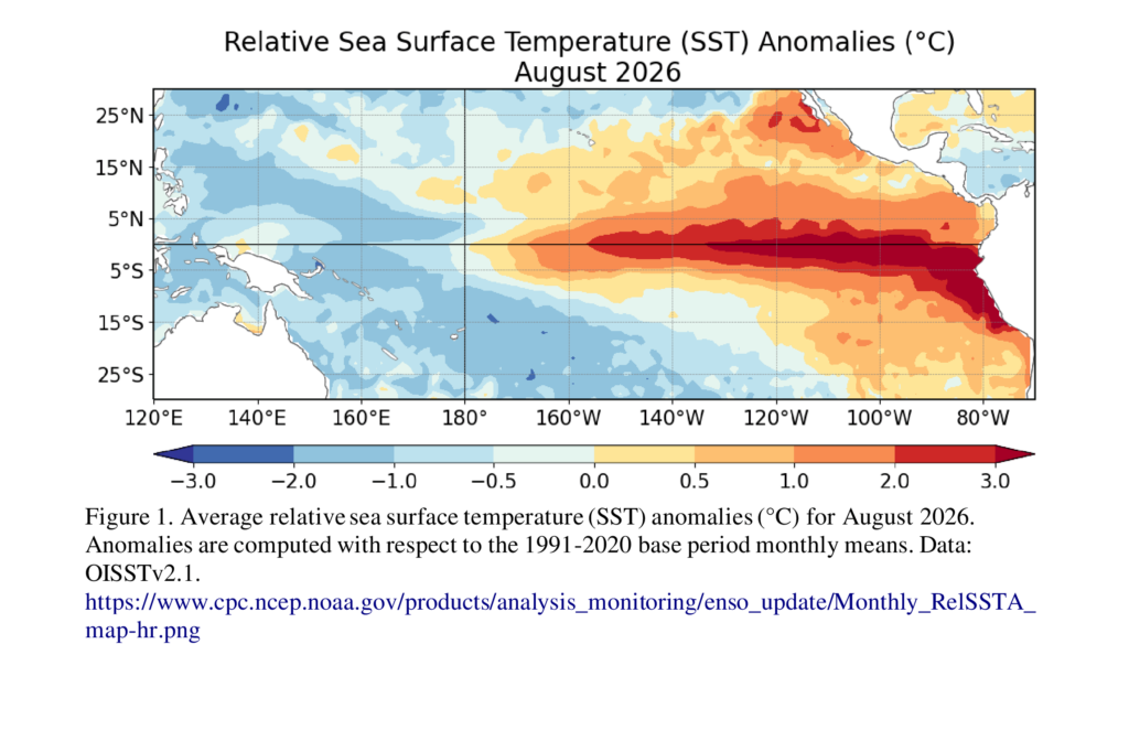 NOAA map for August 2026 showing warmer-than-average relative sea-surface temperatures across the central and eastern equatorial Pacific during El Niño