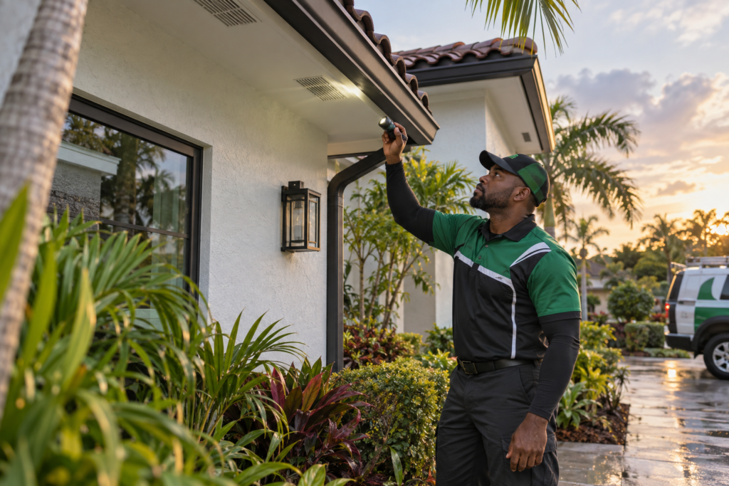 Black Caribbean pest-control technician inspecting a South Florida roofline for rodent entry gaps