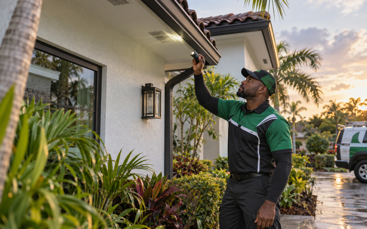Black Caribbean pest-control technician inspecting a South Florida roofline for rodent entry gaps