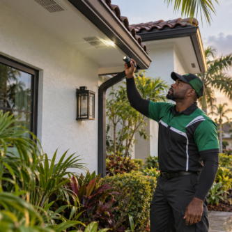 South Florida roofline rodent inspection in October Black Caribbean pest-control technician inspecting a South Florida roofline for rodent entry gaps