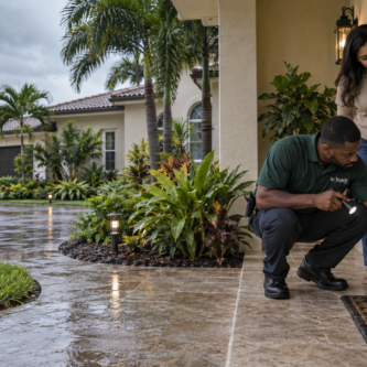 In Touch technician inspecting a South Florida home entryway after rain with a homeowner