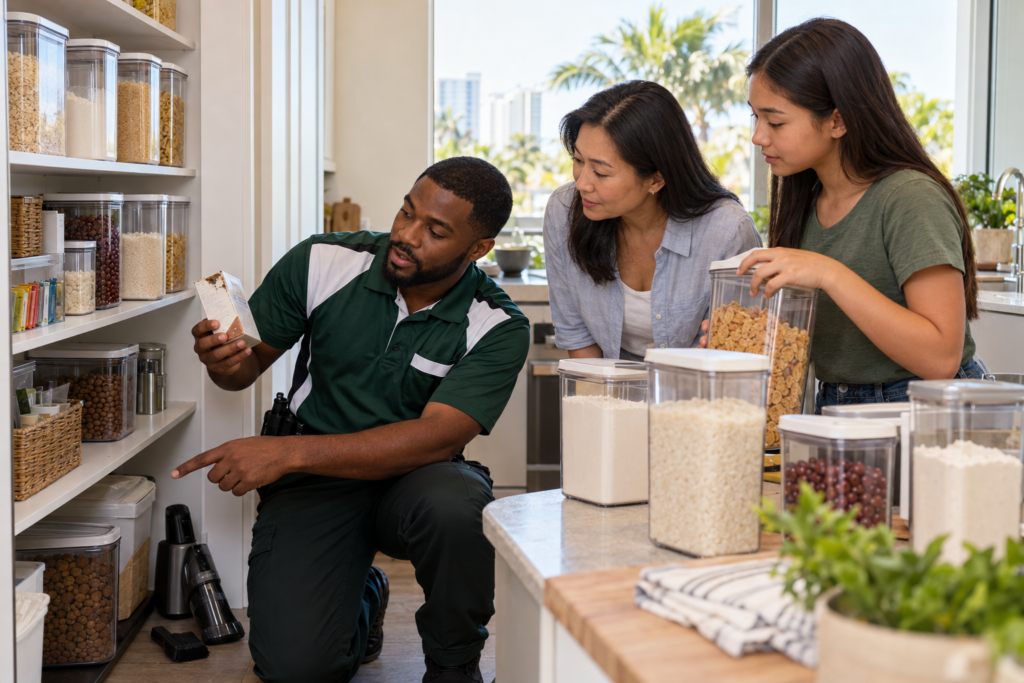 Black Caribbean pest-control inspector teaching a South Florida family how to check dry goods and use airtight pantry containers