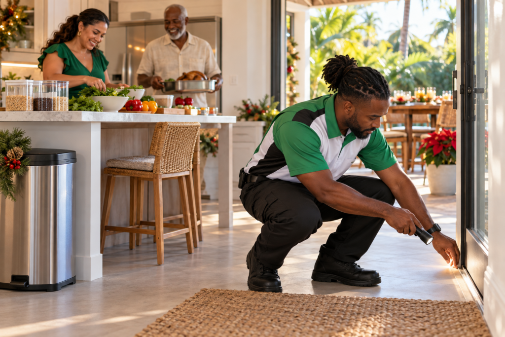 Black Caribbean pest-control technician inspecting a patio-door gap while a South Florida family prepares holiday food