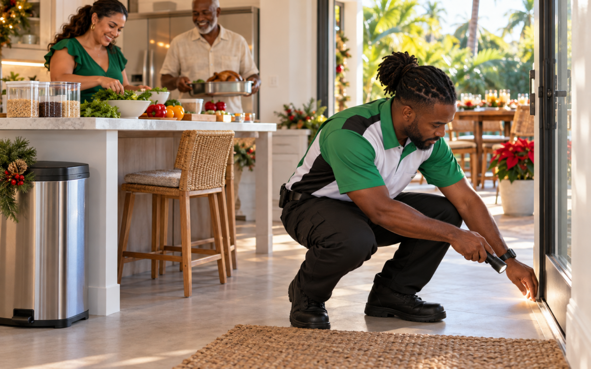 Black Caribbean pest-control technician inspecting a patio-door gap while a South Florida family prepares holiday food