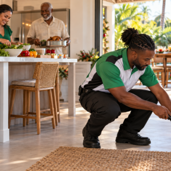 Black Caribbean pest-control technician inspecting a patio-door gap while a South Florida family prepares holiday food