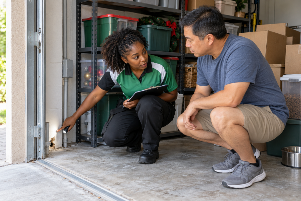 Black Caribbean pest-control inspector showing a South Florida homeowner a possible rodent entry point near holiday storage bins