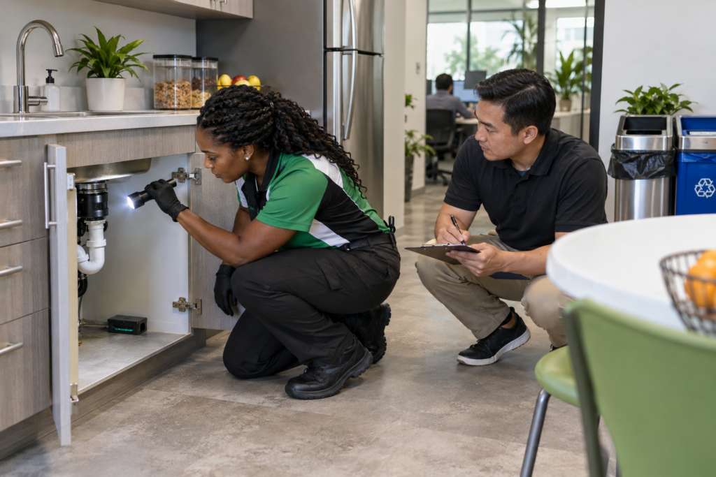 Black Caribbean pest-control inspector checking plumbing beneath a shared office break-room sink with a facilities coordinator